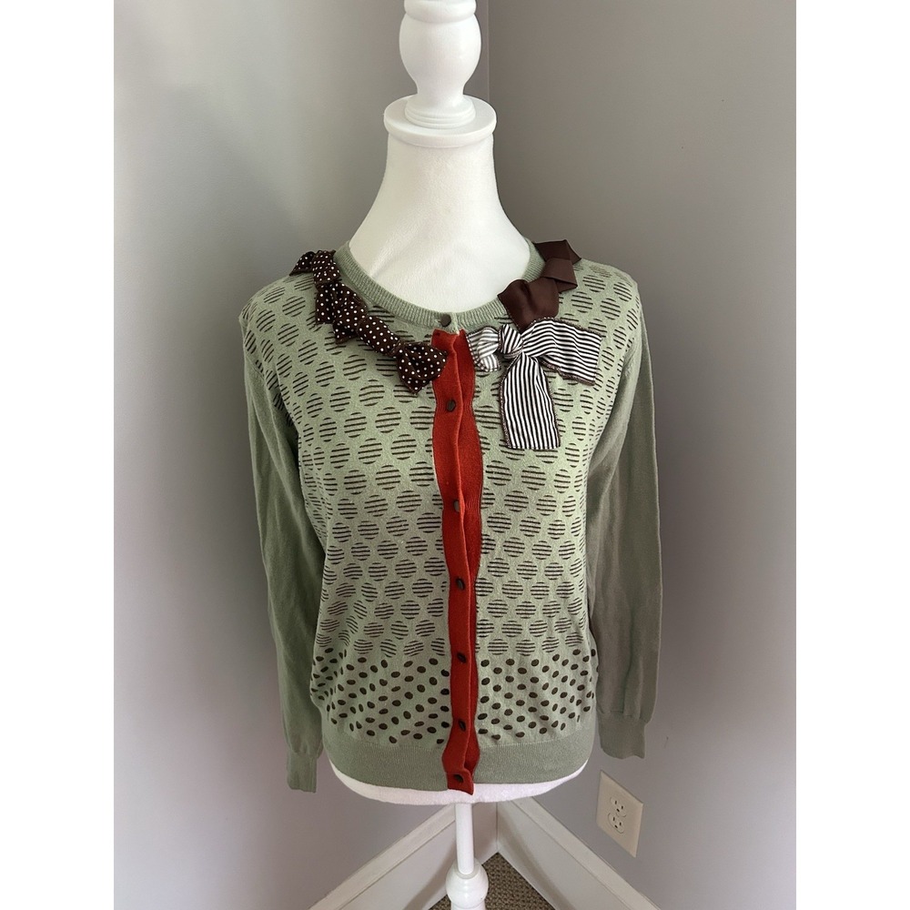 Renee‎ C. Womens Sweater Cardigan Bow & Polka Dot Brown & Sage Green